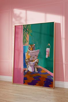 a painting of a tiger sitting on top of a toilet in a room with pink walls