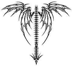 a black and white drawing of a skeleton with large wings on it's back