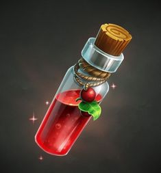 an illustration of a bottle with a cherry in it and a rope wrapped around the top