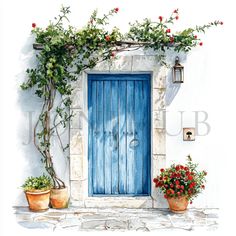 a watercolor painting of a blue door surrounded by potted plants and red flowers