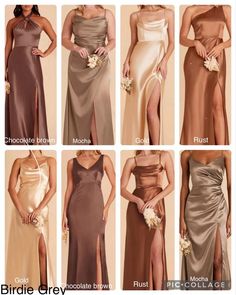 bridesmaid dresses in different colors and styles, with the names on each side