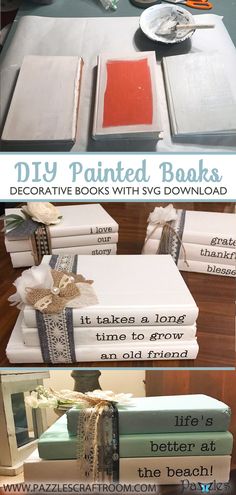 several books are stacked on top of each other with ribbons tied around them and the title reads diy painted books decorative books with svvs