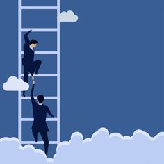 two people climbing up a ladder to reach the clouds