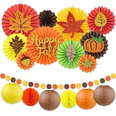 an assortment of paper decorations with happy fall written on the top and below it are leaves, pumpkins, pom - poms, acorns, and more