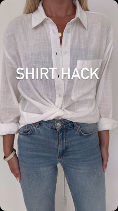 How To Tuck Blouse Into Jeans, Blouse Tying Hacks, How To Style A Shirt With Jeans, How To Tuck In A Shirt For Women, How To Tie A Blouse, How To Tie Your Shirt, Button Shirt Hacks, Shirt Knot Hack, Shirt Hacks For Women