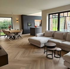 a living room filled with furniture and windows