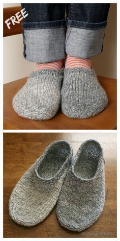 two pictures showing the same pair of slippers as they are made from knitted yarn