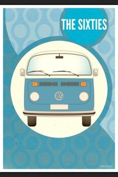 a blue vw bus sitting on top of a blue and white background with circles