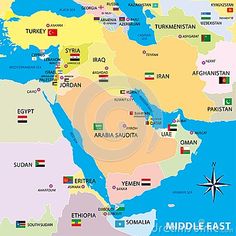 a map of the middle east with all states and their major cities, including egypt