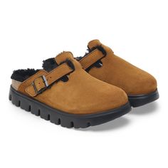 Boston PAP Chunky Shearling Suede Leather/Fur Fall Wedges, Fresh Perspective, Boys Sandals, Suede Fashion, Strap Wedge, Birkenstock Boston, Shoe Insoles, Iconic Design, Girls Sandals