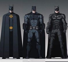 three different batman costumes are shown in this image