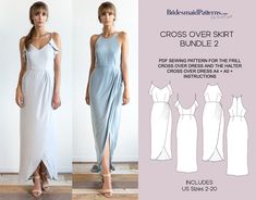 "A4 PDF SEWING PATTERN FOR THE CROSS OVER SKIRT BRIDESMAIDS DRESS (A0 also available in another listing) This beautiful bridesmaids dress pattern features cross-over skirt design that creates a flowing, airy feel as you walk down the aisle. This dress can be made up with either a V-neckline bodice that features a unique underarm frill detail that adds a touch of elegance and femininity, or a fitted structured halter style top that is cut away at the shoulders and fitted at the waist. With two length options available - midi or long - you can choose the perfect length to suit your style and the occasion. Both skirt patterns are included. Let your bridesmaids choose which bodice style suits them best with having the skirt consistant, both styles look great together. INCLUDED IN YOUR PURCHASE Slip Bridesmaids Dresses, Skirt Bridesmaid Dresses, Patterned Bridesmaid Dresses, Evening Dress Patterns, Over Skirt, Beautiful Bridesmaid Dresses, Maxi Dress Pattern, Split Skirt, Bridesmaids Dress