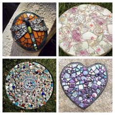 four different mosaics are arranged in the shape of hearts