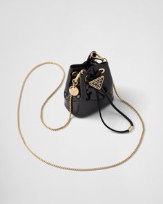 Black Patent Leather Mini-pouch | PRADA Chain Bag Strap, Designer Mini Bags, Mini Bags Aesthetic, Mini Prada Bag, Tas Celine, Prada Black Bag, Mini Black Bag, Vintage Prada Bag, Prada Mini Bag