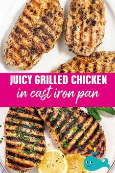 juicy grilled chicken in cast iron pan on a plate with lemons and herbs