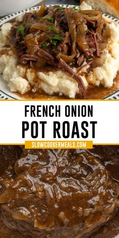 French onion pot roast over a plate of potatoes. Rump Roast Crock Pot Recipes, Top Round Roast Recipe, Crockpot Pot Roast, Classic Roast