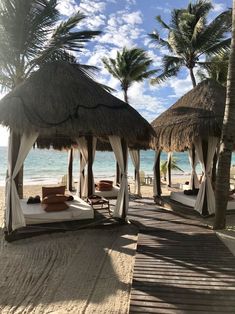 the beach is lined with thatched umbrellas and lounge chairs