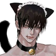 an anime character with black hair wearing a cat ears headband and collar, staring at the camera