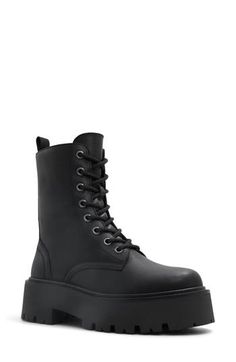 A lugged platform sole amplifies the utilitarian style of this versatile lace-up boot. 2" heel; 1 1/2" platform 6 3/4" shaft Lace-up style; side zip closure Leather and textile upper/textile and synthetic lining/synthetic sole Imported Aldo Boots, Platform Combat Boots, Lug Boots, Utilitarian Style, Lug Sole Boots, Womens Combat Boots, Combat Boot, Lug Sole, Thigh High Boots