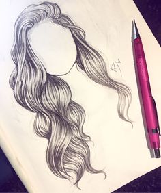 a drawing of a woman's head with long hair and a pen next to it