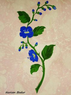 a painting of blue flowers with green leaves on a light pink background that looks like it has been painted