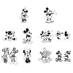 several mickey mouses are shown in black and white