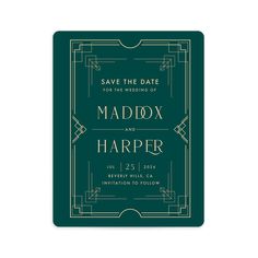 save the date card with an art deco design in emerald green and gold on it