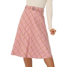 The elegant A-Line swing flare drape silhouette gives you reliable coziness all around the year. Updating your plaid collection with this belted tartan skirt that features a swing flare skirt hem. The chic check and comfortable fabric make this charming pleated skirt a young preppy favorite. Merging classic feminine and modern style, this plaid skirt with a removable belt perfectly shows your charming silhouette. Fairy Academia, Grease Costume, Long Plaid Skirt, Christmas Tartan, Pink Midi Skirt, Business Skirt, Classic Feminine, Basic Blouses, Tartan Skirt