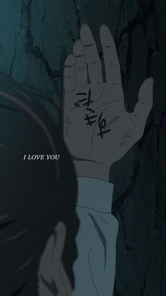 an anime character holding his hand up with the words i love you written on it