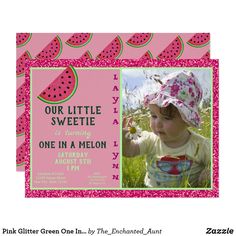 Pink Glitter Green One In A Melon Birthday Photo Invitation. Celebrate your girl's first birthday with this One In a Melon birthday party invitation! The birthday party invites features a glitter watermelon and a pink glitter background.  Perfect for summer birthday parties!  #1stbirthdaygirl #1stbirthdaygirltheme ##1stbirthdaygirlthemesummer #summerbirthdaypartyideas #summerbirthdaypartyideaforgirl1st Watermelon Invitations, One In A Melon Birthday, Melon Birthday, Pink Glitter Background, Party Themes For Boys, 1st Birthday Party Themes, Photo Birthday Invitations, Summer Birthday Party, Fun Birthday Party