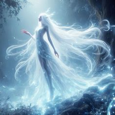 a woman with long white hair standing in the middle of a forest surrounded by water