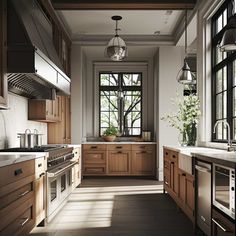 a kitchen filled with lots of wooden cabinets and counter top space next to a window