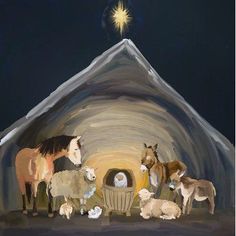 a painting of horses and sheep in front of a manger with a star above it