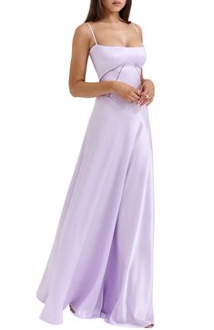 A sculpting corset-inspired bodice shapes this glamorous satin gown punctuated with a laced-up back. Exclusive retailer 52" length (size X-Large) Square neck Adjustable straps Unlined 75% acetate, 25% polyester with 80% polyamide 20% elastane contrast Dry clean Imported Lavender Dress Satin, Lavender Formal Dress Long, Lilac Evening Dress, Satin Evening Dress With Lace-up Back For Prom, Satin Finish Bridesmaid Gown With Fitted Bodice, Bridesmaid Gown With Satin Finish And Fitted Bodice, Prom Season Satin Corset Dress With Lined Bodice, Dusty Lilac Bridesmaid Dresses, Satin Corset Ball Gown For Debutante Ball