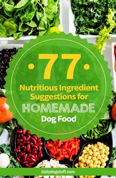 the words 77 nutritious ingredient suggestions for homemade dog food on top of an assortment of vegetables