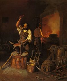 a painting of two men working in a blacksmith