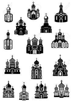 black and white silhouettes of church buildings with crosses on them, set of twelve