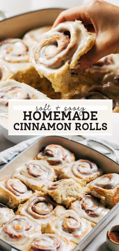 homemade cinnamon rolls with icing in a pan