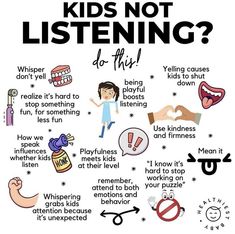 a poster with words and pictures on it that say, kids not listening do this