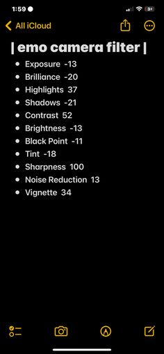 an image of the camera filterr screen with text and icons in yellow on a black background