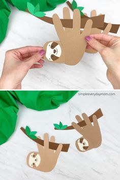 someone is making a paper sloth craft that looks like a sloth hanging from a tree