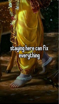 a woman in yellow sari walking down the street with her hand on her hip and text saying, staying here can fix everything