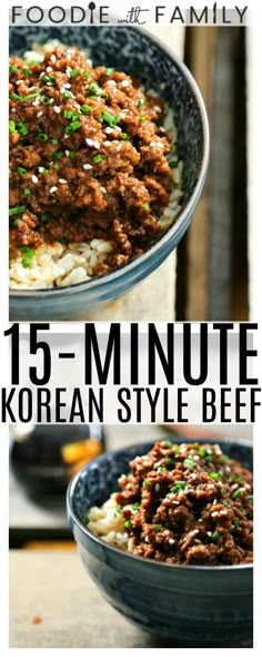 korean style beef with rice and green onions in a blue bowl on top of a wooden table