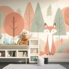 a room with a bed, bookshelf and wallpaper that has an animal mural on it