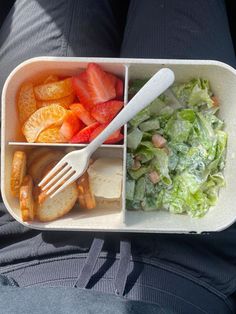 a plastic container filled with salad and fruit on top of a person's lap