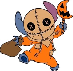 a cartoon character holding a jack - o - lantern and a bag with a pumpkin on it