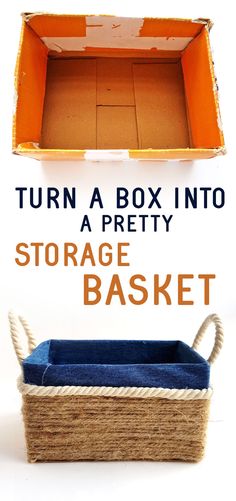 an empty storage basket with the words turn a box into a pretty storage basket