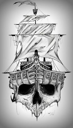 a drawing of a pirate ship with a skull on it's side and the sails down