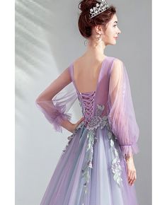 Buy Fairytale Purle Long Tulle Prom Dress Floral With Tulle Long Sleeves at wholesale price online. Free shipping and pro custom service since 2009. Prom Dress Floral, Queen Style, Long Formal Dress, Pink Prom Dress, Lace Prom Dress, Maxi Dress Wedding, Prom Dresses With Sleeves, Tulle Prom Dress, Tulle Wedding