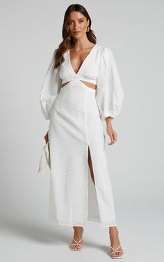 Miggy Midi Dress - Puff Sleeve Cut Out Split Dress in White | Showpo USA Summer Cocktail Attire, Wedding Rehearsal Dinner Dress, Wedding Rehearsal Dress, Lunch Dresses, Midaxi Dress, Bridal Shower Dress, Shower Dresses, Split Dress, Dinner Dress